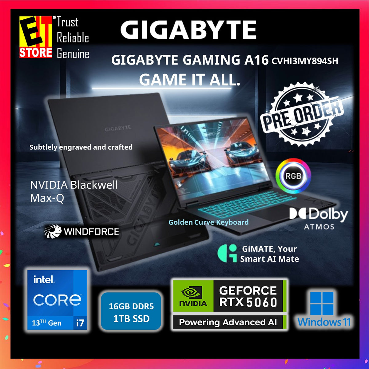Gigabyte Gaming A16 AI Laptop (i7-13620H/16GB DDR5 /1TB SSD/16" IPS WUXGA 165HZ / NEW NVIDIA RTX5060 8GB GDDR7/RGB KEYBOARD/ GiMATE SMART AI/ W11/BAG/ 2Y) CVHI3-MY894SH