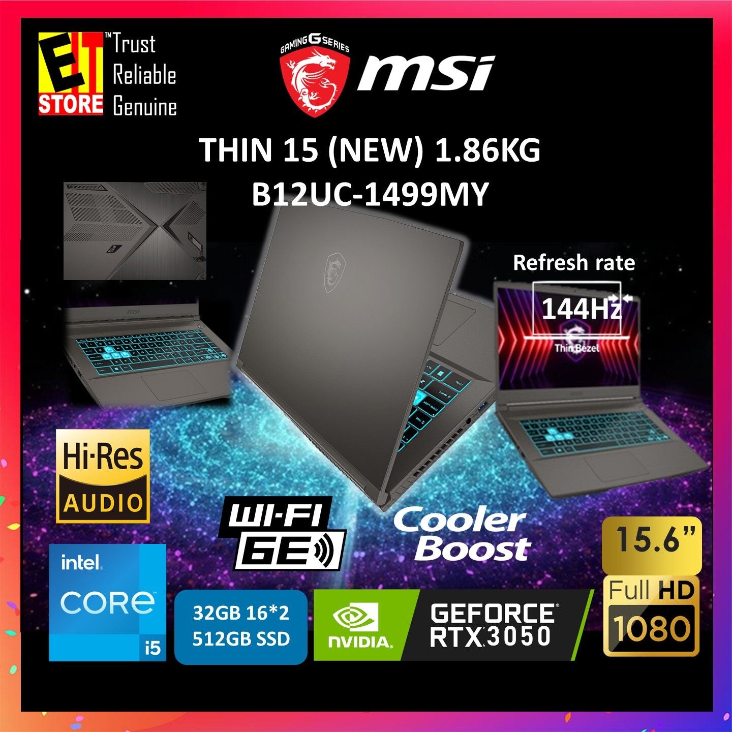 MSI LAPTOP THIN 15 (I5-12450H /8GB OR 16GB RAM /512GB SSD/15.6 IPS FHD 144Hz/4GB RTX3050 MAXQ/ W11/2YRS /BACKPACK) B12UC-1499MY GAMING LAPTOP