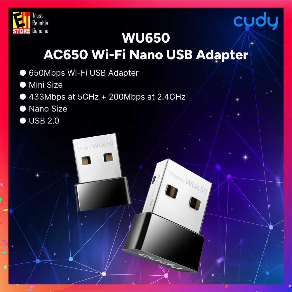 Cudy WU650 -  AC650 Wi-Fi Nano USB Adapter (5 GHz Wi-Fi Speed : 433 Mbps/2.4 GHz Wi-Fi Speed : 200 Mbps)