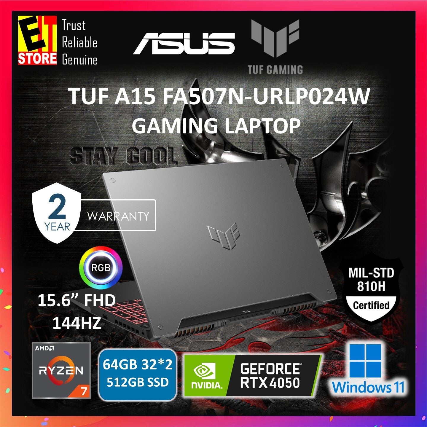 ASUS Laptop TUF Gaming A15 FA507N-URLP024W (RYZEN 7 7435HS/16GB OR 32GB/512GB SSD/NVIDIA RTX4050 6GB/15.6'' FHD 144HZ/RGB KEY/W11/2Y)