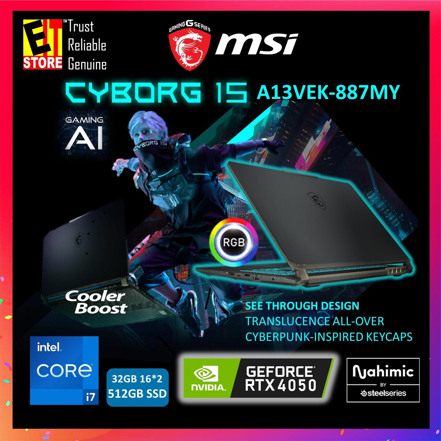 MSI GAMING LAPTOP Cyborg 15 AI (i7-13620H/16GB /512GB /15.6" FHD 144HZ/ RTX 4050 6GB/ RGB KEY/W11/BAG/2YR) A13VEK-887MY