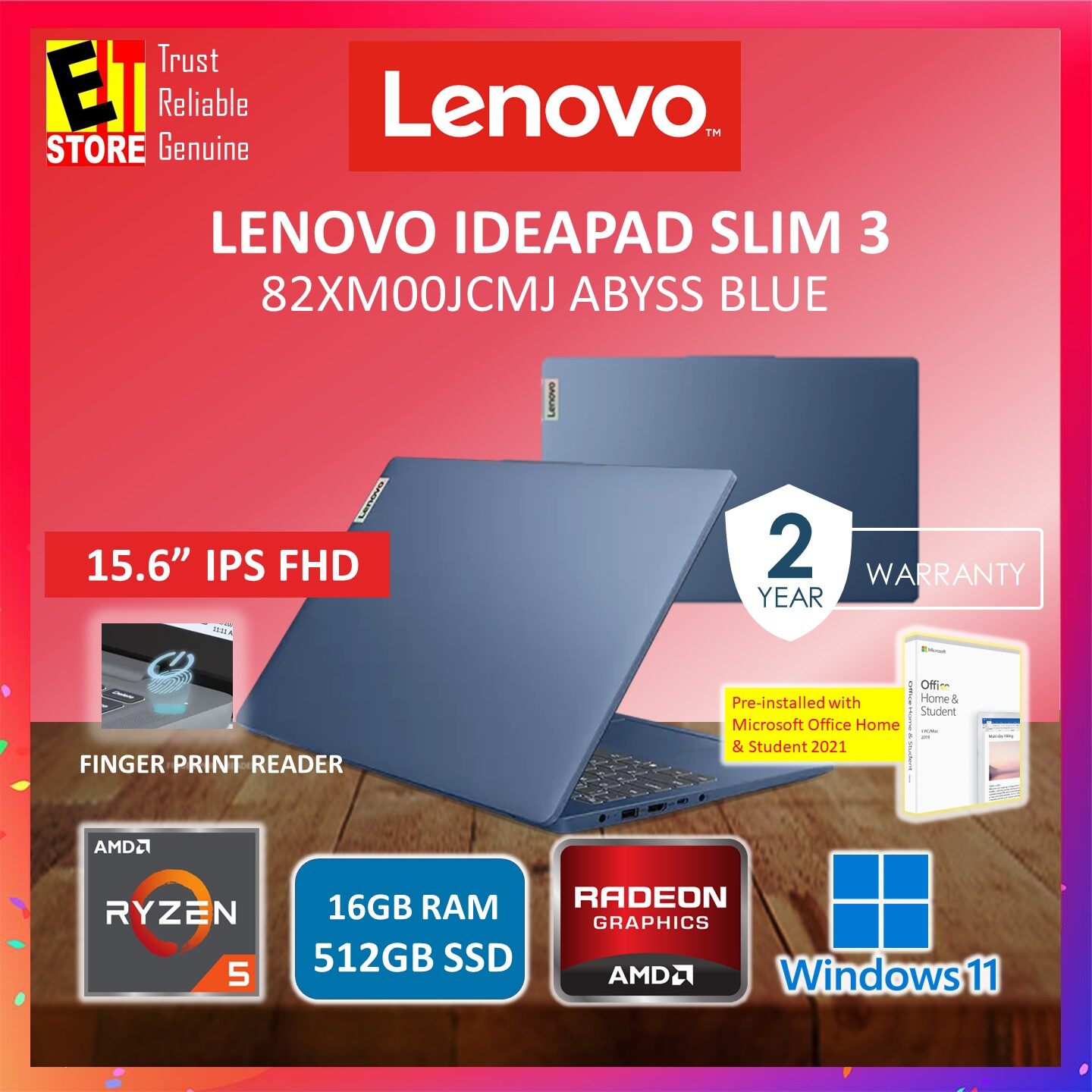 Lenovo Laptop IdeaPad SLIM 3 IPS3 (RYZEN 5 7430UU /16GB RAM / 512GB SSD/ RADEON GRAPHICS/ 15.6" IPS FHD / OFF H&S 2021/ FINGER PRINT SENSOR /W11/BAG/2YR) 82XM00JBMJ /82XM00JCMJ