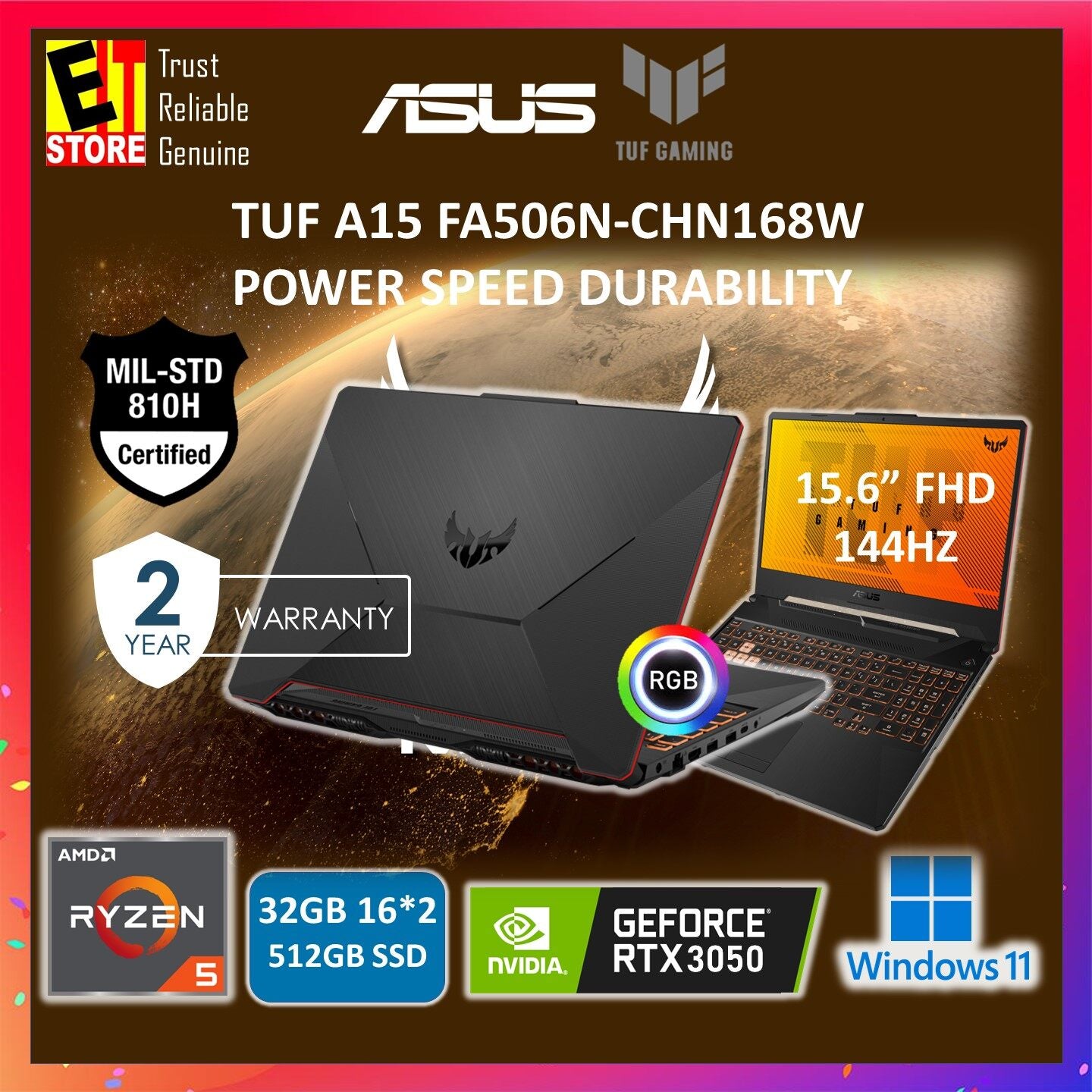 ASUS TUF Gaming A15 FA506N-CHN168W (RYZEN 5-7535HS/16GB/512GB SSD/15.6'' FHD 144HZ /NVIDIA RTX3050 4GB /W11/2Y/BAG) Gaming Laptop