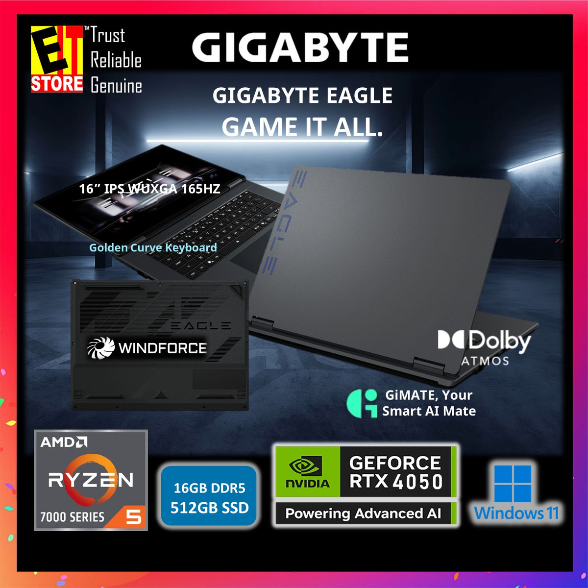 Gigabyte Gaming Eagle 9MJR2-MYF83SH (RYZEN 5 7533HS/16GB/512GB SSD/16" IPS WUXGA 165HZ/ NVIDIA RTX4050 6GB/ GiMate Smart AI/W11/BAG/2RSY) Gaming Laptop
