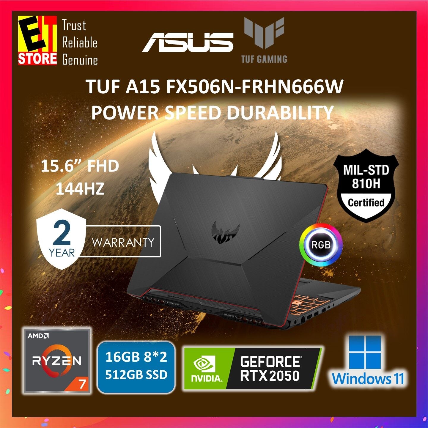 ASUS TUF Gaming Laptop A15 FA506N-FRHN666W (RYZEN 7-7435HS/8GB OR 16GB RAM/512GB SSD/NVIDIA RTX2050 4GB /15.6" FHD 144HZ/ RGB KEY /W11/BACKPACK/2Y)