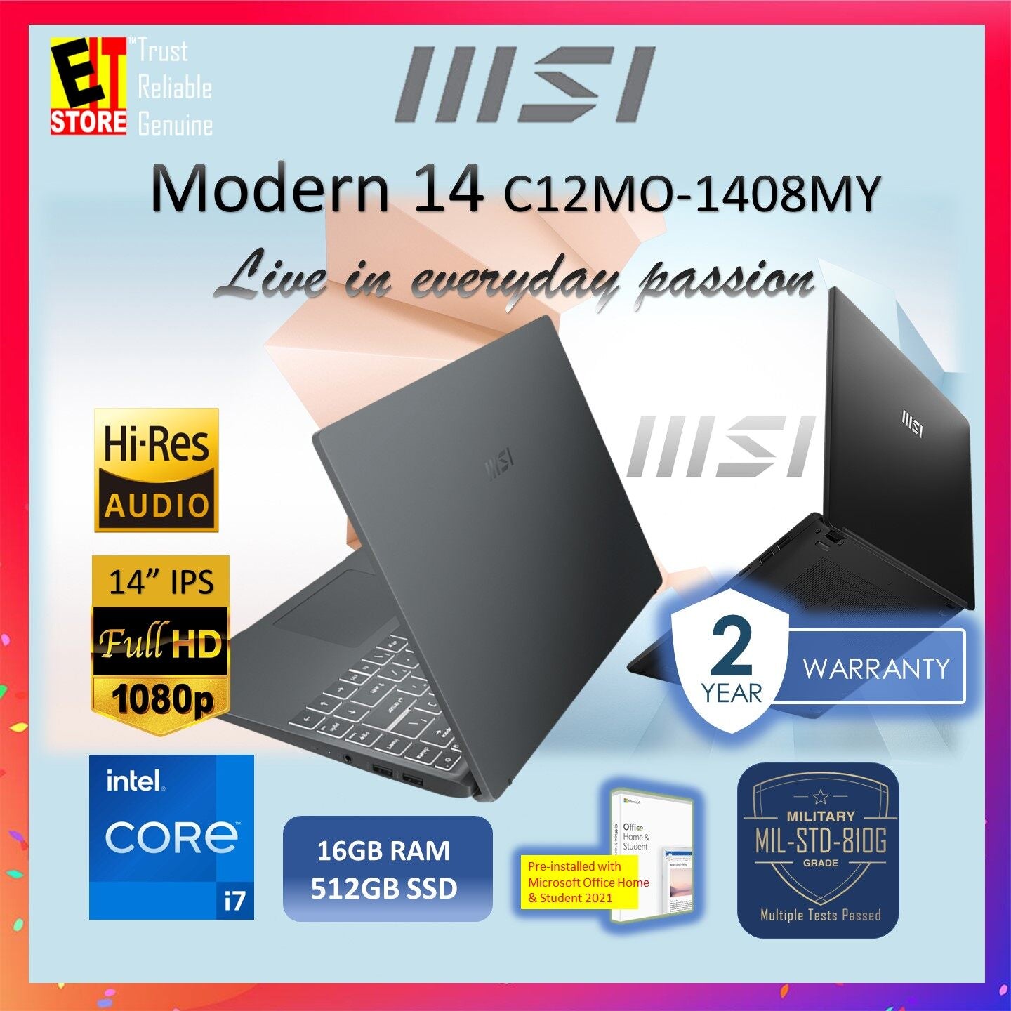 MSI LAPTOP MODERN 14 C12MO-1408MY CREATOR (intel i7-1255U/16GB/ 512GB SSD/14″ IPS FHD/IRIS XE GRAPHIC/OFF H&S 2021/1.4KG WEIGHT/W11/MSI SLEEVE BAG/2YR)