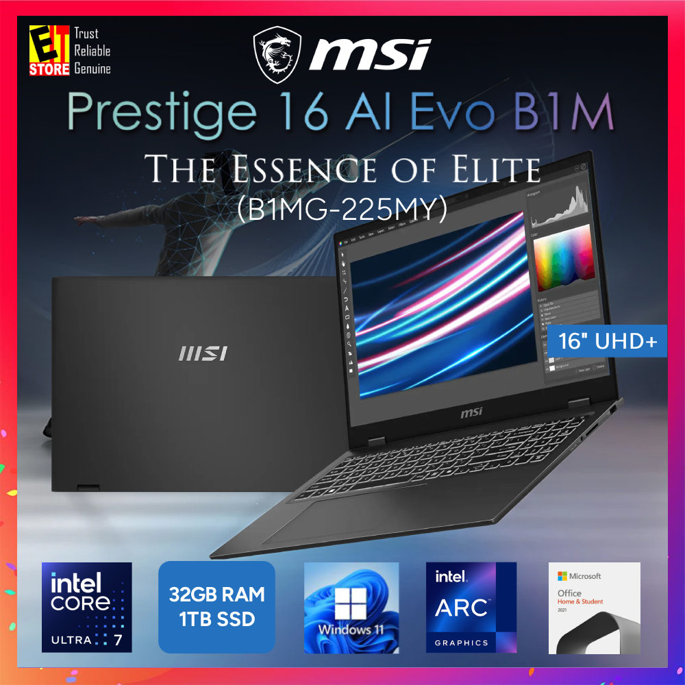 MSI Prestige 16 AI Evo B1MG-225MY (CORE Ultra 7 155H/ 32GB/ 1TB SSD/ Intel Arc graphics/16" UHD+ 4K OLED / OFF HOME & STUDENT ESD/W11/FINGERPRINT SENSOR/ 1.5KG WEIGHT/ BAG/ 2Y) Laptop