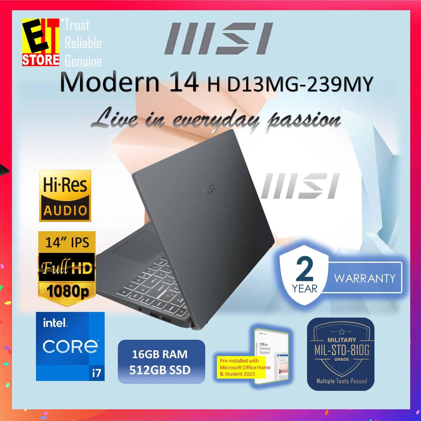 MSI Laptop Modern 14 H D13MG-239MY (Raptor Lake i7-13620H/16GB RAM/512GB SSD/Iris Xe Graphics/14" FHD IPS/OFF H&S 2021/ W11/SLEEVE BAG/2YRS)