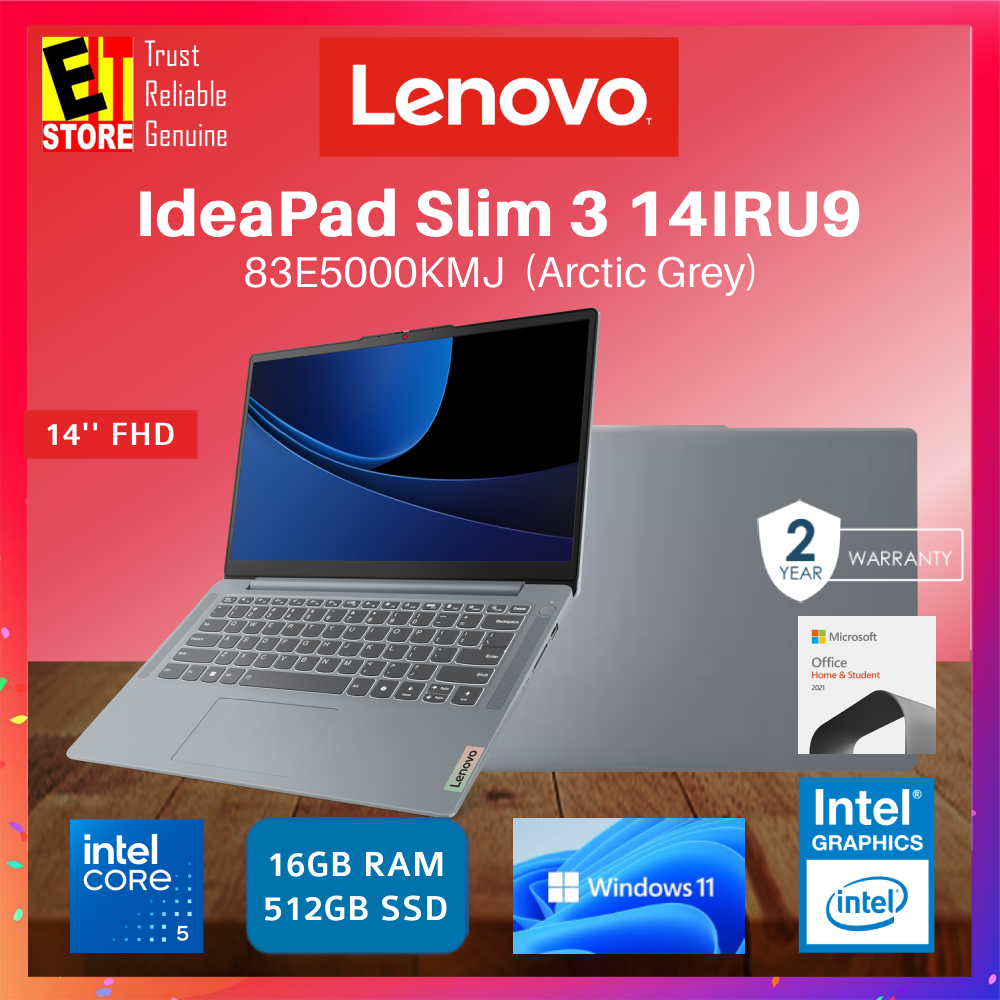 Lenovo IdeaPad Slim 3 83E5000JMJ/83E5000KMJ (Intel Core 5 120U/ 16GB/ 512GB SSD/14 IPS FHD / Intel UHD Graphics/ Finger Print Reader/ Office H&S 2021/W11/Backpack/2Y) IPS3 Laptop