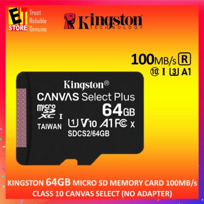 KINGSTON 64GB MICRO SD MEMORY CARD 100MB/s CLASS 10 CANVAS SELECT WITH SD ADAPTER (SDCS2/64GB)