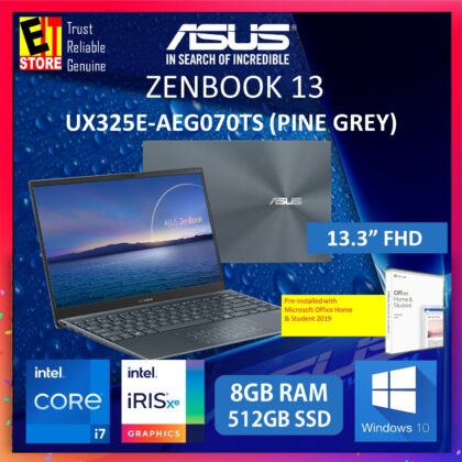 ASUS ZENBOOK 13 UX325E-AEG070TS LAPTOP-PINE GREY (I7-1165G7/8GB/512GB SSD/13.3 FHD/TYPE C AUDIO JACK/W10/2YRS) + MS OFFICE H & S 2019 & SLEEVE