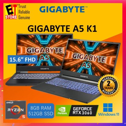 GIGABYTE A5 K1 AMY1130SB GAMING LAPTOP (RYZEN R5-5600H/8GB RAM/512GB SSD/15.6″ FHD 144Hz/NVIDIA RTX3060 6GB/W11/2YRS/BAGPACK)