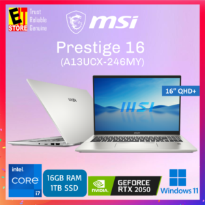 MSI Prestige 16 A13UCX-246MY(16" QHD+ 165Hz/RTX 2050, 4GB/i7-13620H /16GB/1TB SSD/MSI Topload Bag/W11/2y)Laptop
