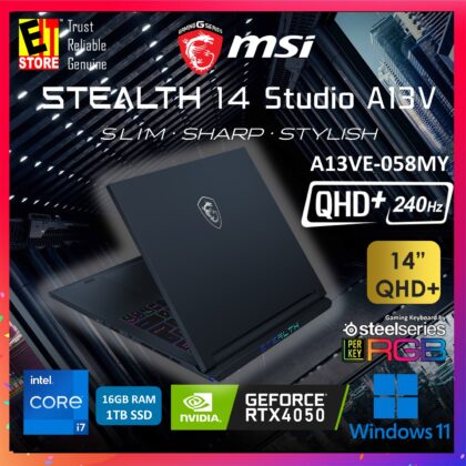 MSI Stealth 14 Studio A13VE-058MY (14″ QHD+ / i7-13700H / 16GB / 1TB / RTX 4050 GDDR6 6GB/W11/Backpack/2Y) GAMING LAPTOP